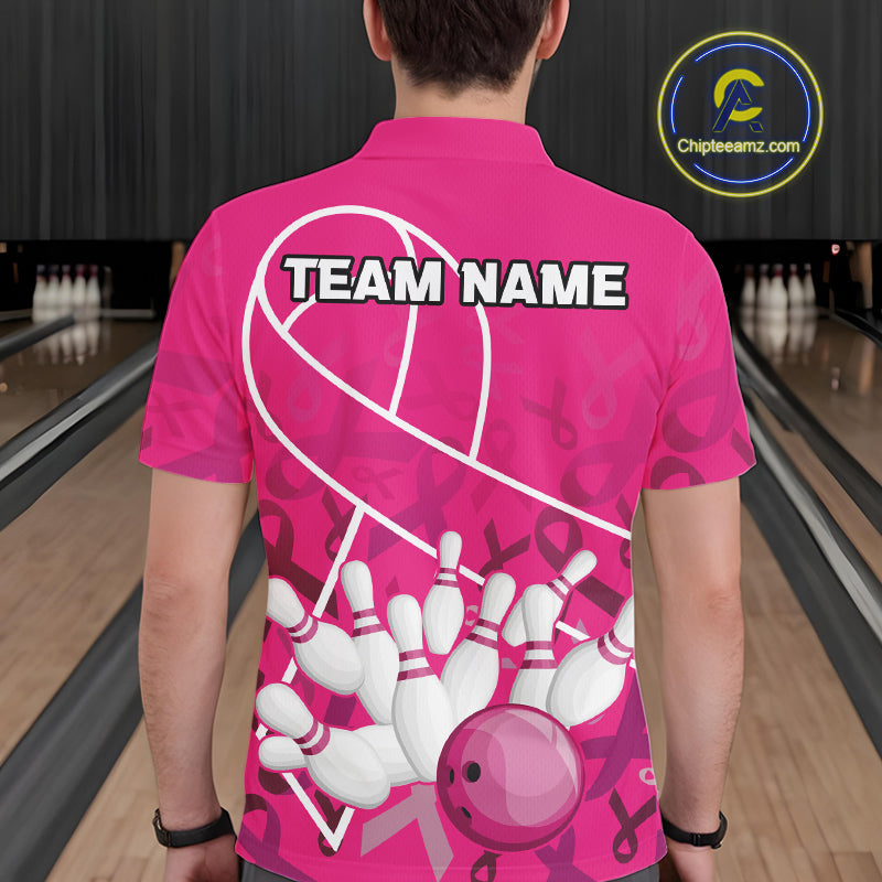 Pink ribbon pattern breast cancer awareness Bowling Shirts For Men Custom team bowling jerseys NQS10190