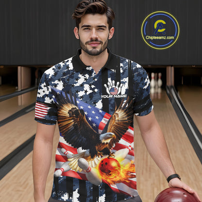 Blue Camo American Flag Eagle Flame Bowling Shirts For Men Custom Patriotic Bowling Team Shirts NQS10551