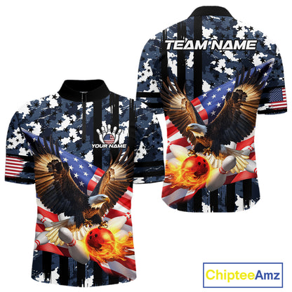 Blue Camo American Flag Eagle Flame Bowling Shirts For Men Custom Patriotic Bowling Team Shirts NQS10551