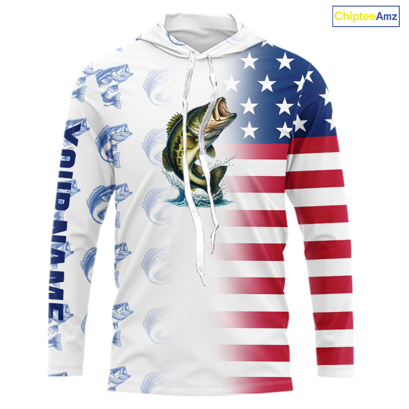 Red, White and Blue American Flag Bass Fishing custom patriotic Bass performance Fishing Shirts NQS10034