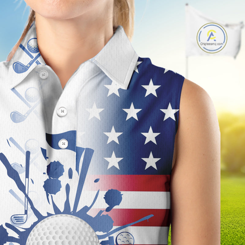 Red, White & Blue American Flag Women Sleeveless Golf polo shirts, patriotic Ladies Golf Outfit NQS10035