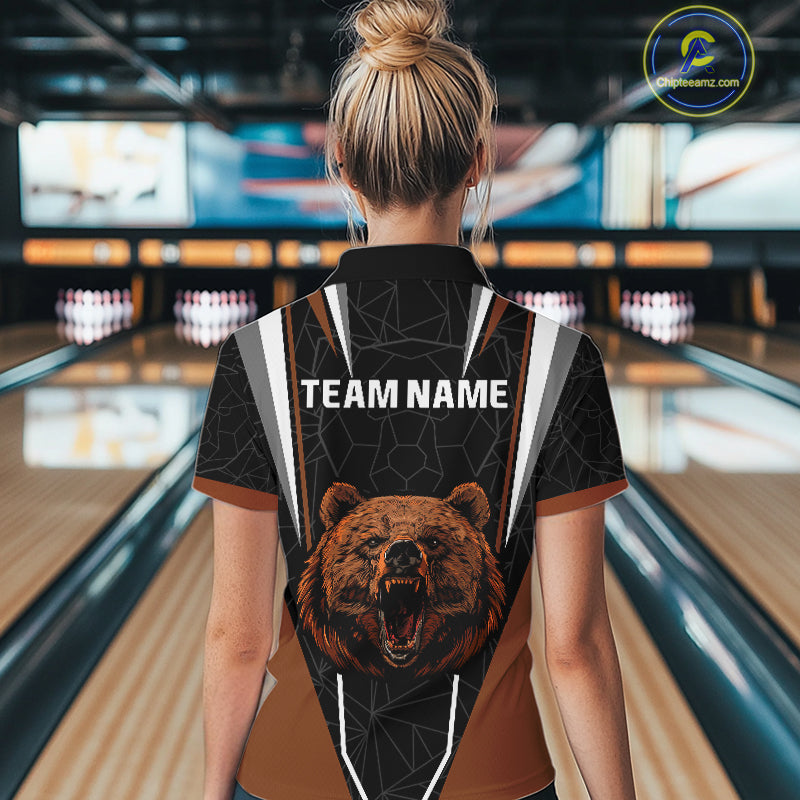 Personalized Bear Bowling Polo, Quarter Zip Shirts For Women, Bear Bowling Team Brown League Jersey NQS10344