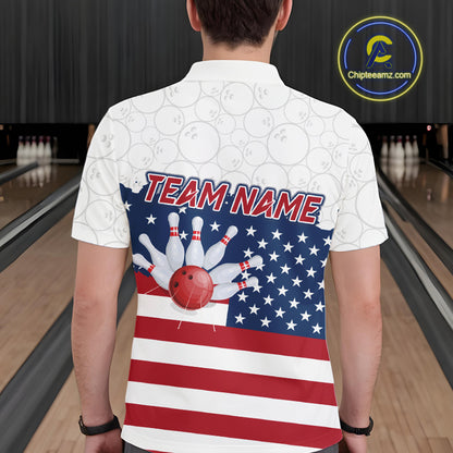 Personalized American Flag Strike Bowling Polo, 1/4 Zip Shirts For Men, Patriotic Bowling Team Jersey NQS10345