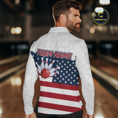 Personalized American Flag Strike Bowling Polo, 1/4 Zip Shirts For Men, Patriotic Bowling Team Jersey NQS10345
