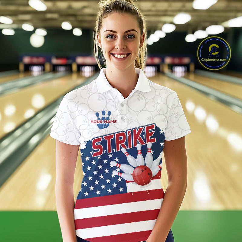 Personalized American Flag Strike Women Bowling Polo, 1/4 Zip Shirts, Patriotic Bowling Team Jersey NQS10345