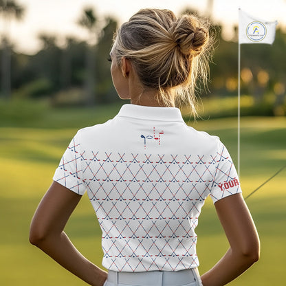 Red, White and Blue golf clubs pattern Women golf polo shirt Custom Patriotic golf outfits for ladies NQS10198