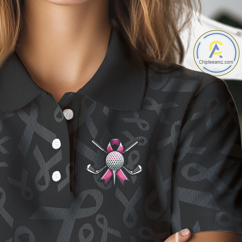 Pink and black Ribbons Pattern Women Golf Polo Shirt Custom Breast cancer awareness Team Golf attire NQS10559