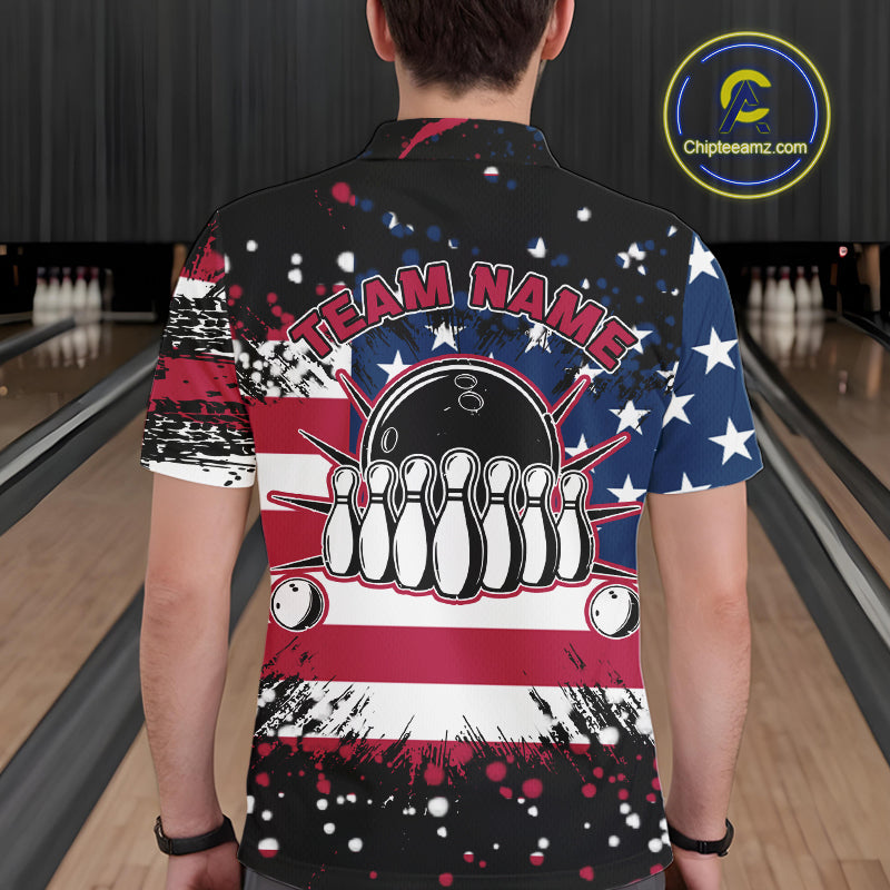 American Flag Black Bowling Polo, 1/4 Zip Shirts For Men custom patriotic retro bowling team shirts NQS10210