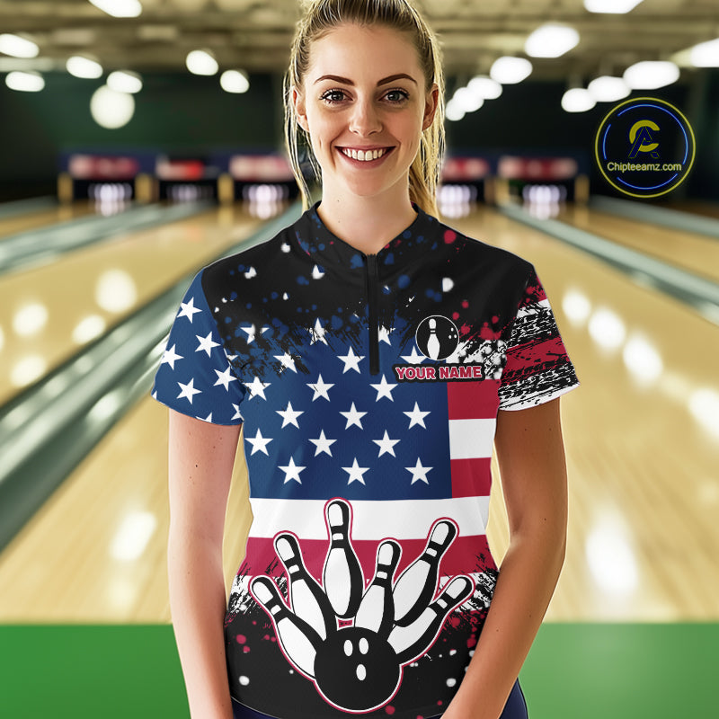 American Flag Black Bowling Polo, 1/4 Zip Shirts For Women custom patriotic retro bowling team shirts NQS10210