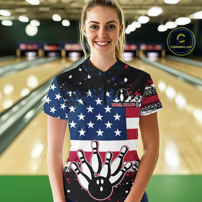 American Flag Black Bowling Polo, 1/4 Zip Shirts For Women custom patriotic retro bowling team shirts NQS10210
