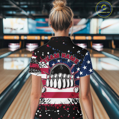 American Flag Black Bowling Polo, 1/4 Zip Shirts For Women custom patriotic retro bowling team shirts NQS10210