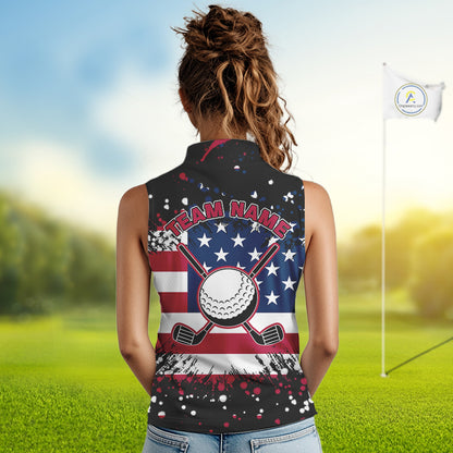 American Flag Black sleeveless golf polo shirts for ladies custom patriotic retro golf team shirts NQS10211