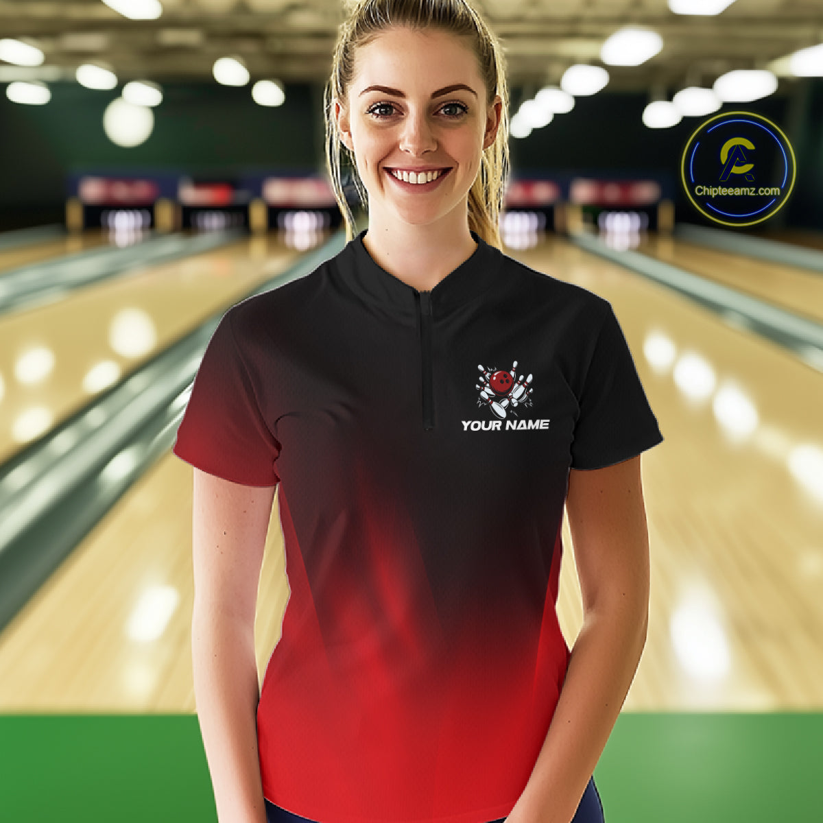 Custom Black and Red Bowling Polo, Quarter Zip Team Shirts For Women, Bowling Outfit Gift For Bowlers NQS10565