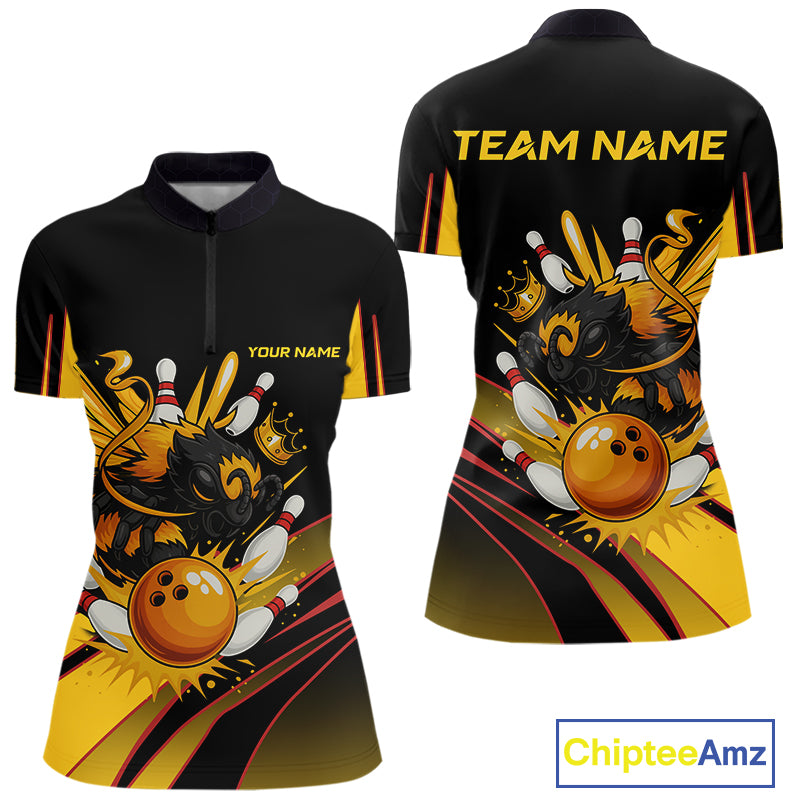 Black and Yellow Bee Bowling Polo, Quarter Zip Shirts For Women Custom Bee Bowling Team Jersey Outfit NQS10362