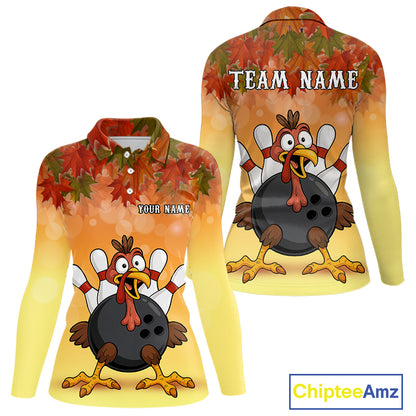 Custom Funny Turkey Bowling Shirt For Women, maple leaf pattern Thanksgiving Bowling Team Uniform NQS10368