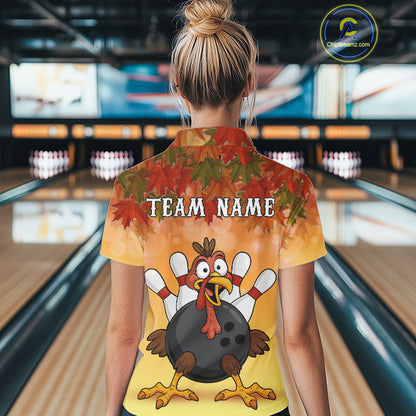 Custom Funny Turkey Bowling Shirt For Women, maple leaf pattern Thanksgiving Bowling Team Uniform NQS10368