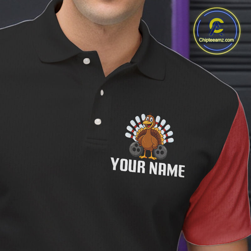 Retro Black and Red Turkey Bowling Polo, Quarter Zip Shirt For Men, Thanksgiving Bowling Team Jersey NQS10370