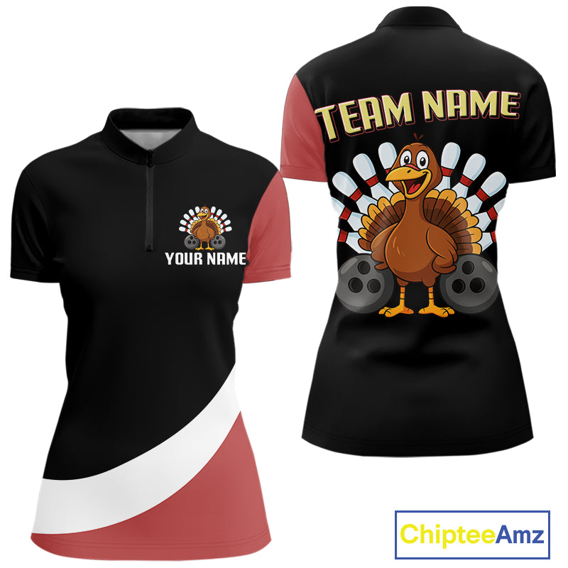 Retro Black & Red Turkey Bowling Polo, Quarter Zip Shirt For Women, Thanksgiving Bowling Team Jersey NQS10370