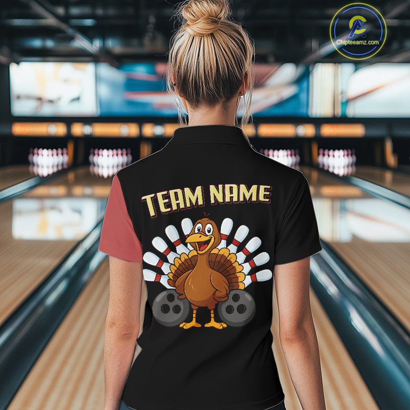Retro Black & Red Turkey Bowling Polo, Quarter Zip Shirt For Women, Thanksgiving Bowling Team Jersey NQS10370