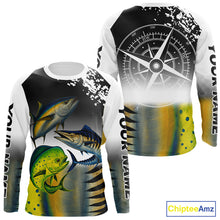 Load image into Gallery viewer, Personalized Mahi Mahi, Wahoo, Tuna scales black Fishing Shirts, compass offshore tournament Shirts NQS10372