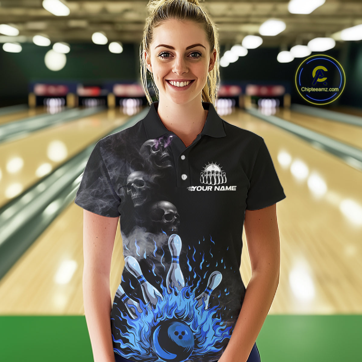 Personalized Smoke Skull Blue Flame Black Bowling Shirts For Women Custom Team Bowling Jerseys NQS10597