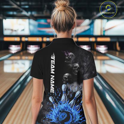 Personalized Smoke Skull Blue Flame Black Bowling Shirts For Women Custom Team Bowling Jerseys NQS10597