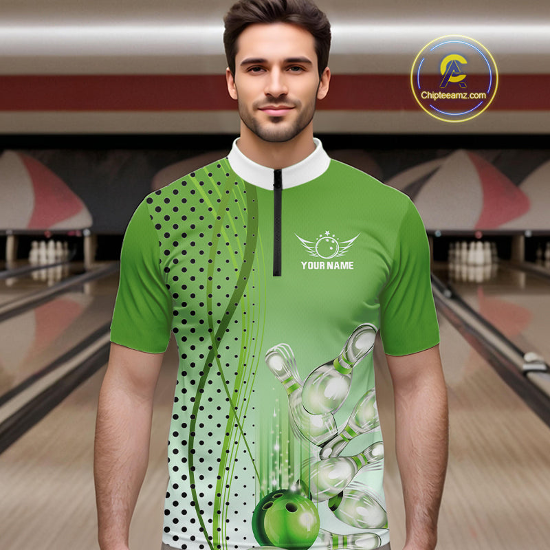 Mens bowling polo, quarter zip shirts Custom bowling team jerseys, gift for Bowlers | Green NQS10072