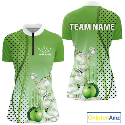 Women bowling polo, quarter zip shirts Custom bowling team jerseys, gift for Bowlers | Green NQS10072