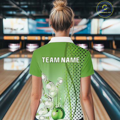 Women bowling polo, quarter zip shirts Custom bowling team jerseys, gift for Bowlers | Green NQS10072