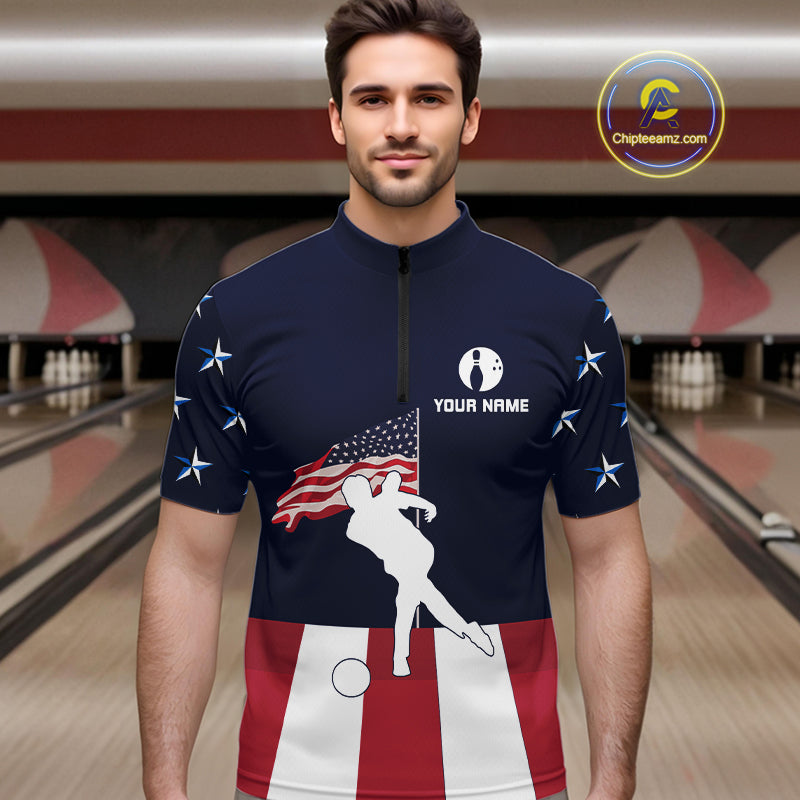 Red, White and Blue American Flag Bowling Team Shirts For Men Custom Patriotic Bowling Jerseys NQS10220