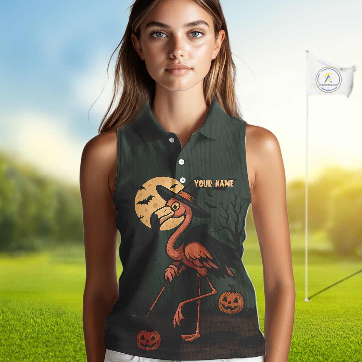 Halloween flamingo Women Sleeveless Polo Shirt custom Halloween golf top for ladies, unique golf gift NQS10378