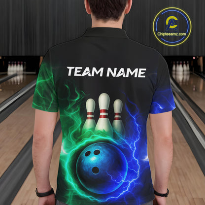 Blue and Green Lightning thunder Black Bowling Shirts For Men custom Bowling Team Jerseys NQS10379