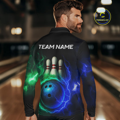 Blue and Green Lightning thunder Black Bowling Shirts For Men custom Bowling Team Jerseys NQS10379
