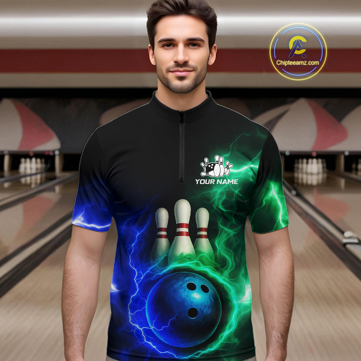 Blue and Green Lightning thunder Black Bowling Shirts For Men custom Bowling Team Jerseys NQS10379