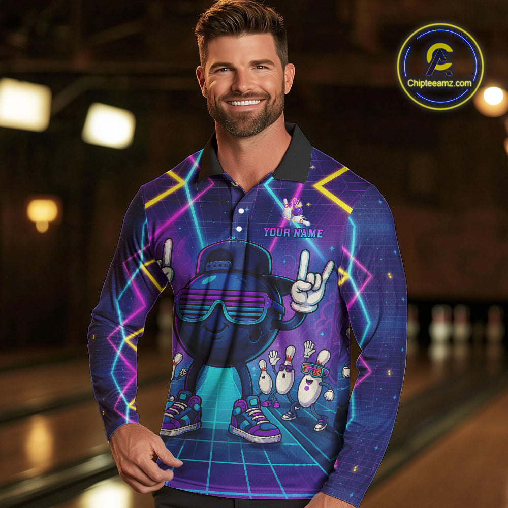 Purple neon stage funny Bowling polo, quarter zip shirts for Men Custom funny bowling team shirts NQS10299