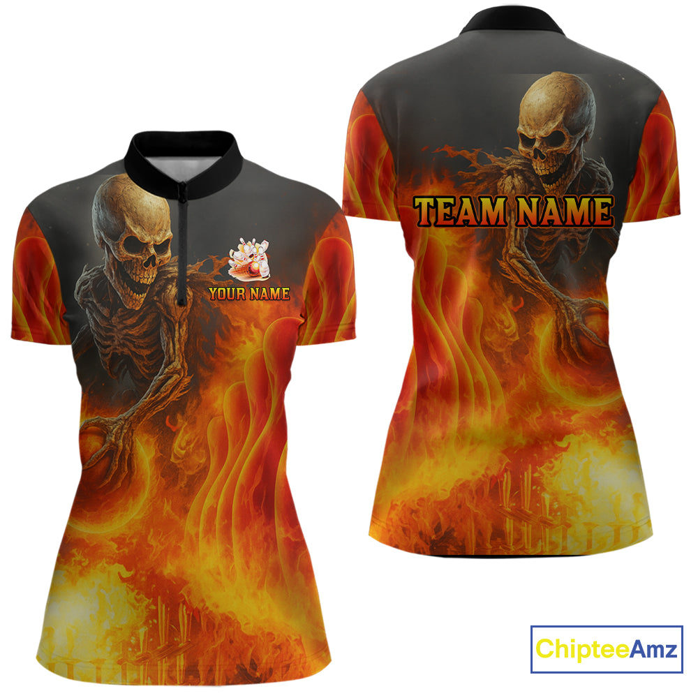 Orange Flame Skull reaper Bowling polo, quarter zip shirts for Women Custom skull bowling team jersey NQS10300