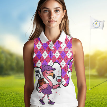 Pink purple glitter argyle pattern Flamingo sleeveless golf polos Custom weekend forecast golf & wine NQS10325