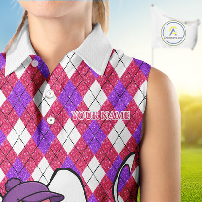 Pink purple glitter argyle pattern Flamingo sleeveless golf polos Custom weekend forecast golf & wine NQS10325