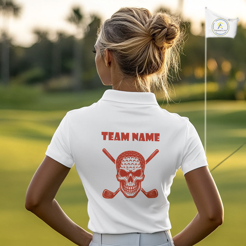 Orange argyle plaid pattern Skull White Golf polo shirt for Women custom Halloween ladies golf attire NQS10357