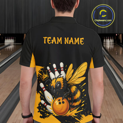 Custom Black and Yellow Bee Bowling Polo, Quarter Zip Shirts For Men, Bee Bowling Team Bowlers Outfit NQS10361