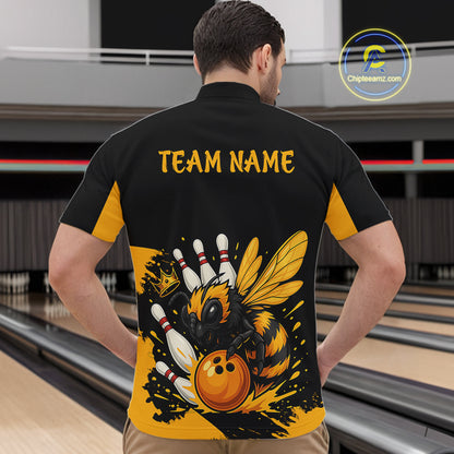 Custom Black and Yellow Bee Bowling Polo, Quarter Zip Shirts For Men, Bee Bowling Team Bowlers Outfit NQS10361