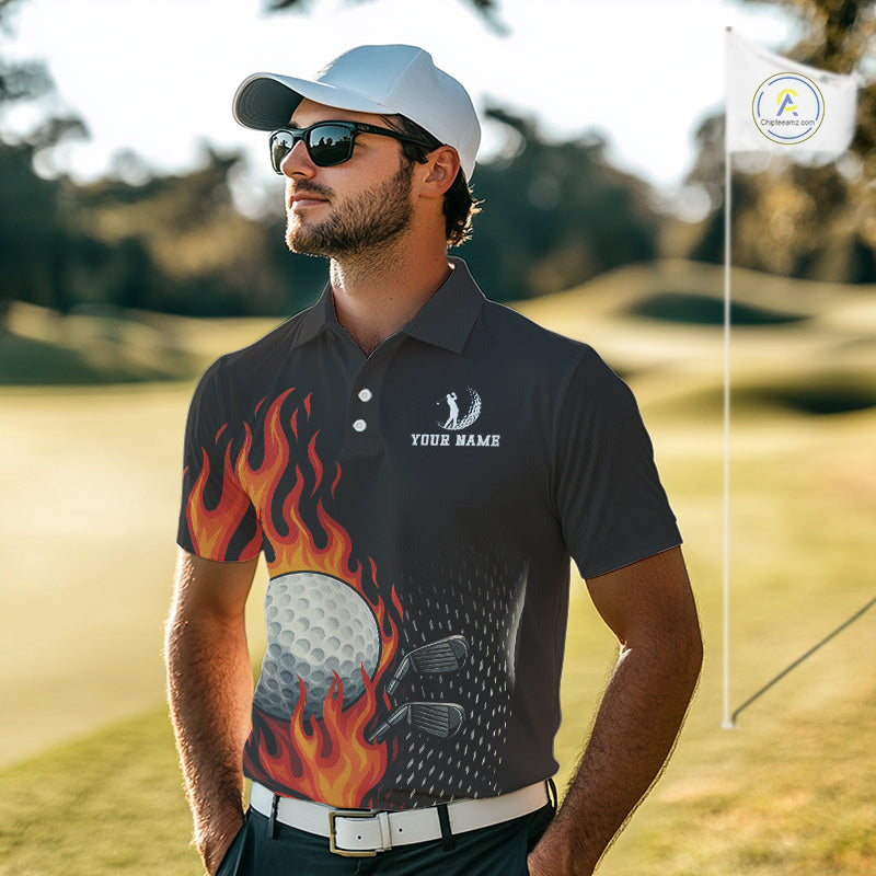 Flame Golf ball black Golf polo shirt for men Custom Mens golf top, personalized golf gifts NQS10364