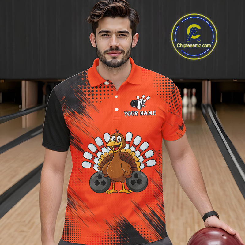 Custom Orange Turkey Bowling Shirt For Men, Thanksgiving Bowling Team Jersey Bowler Outfit NQS10369