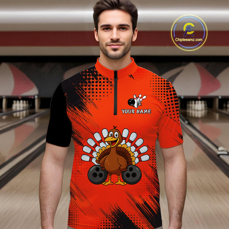 Custom Orange Turkey Bowling Shirt For Men, Thanksgiving Bowling Team Jersey Bowler Outfit NQS10369