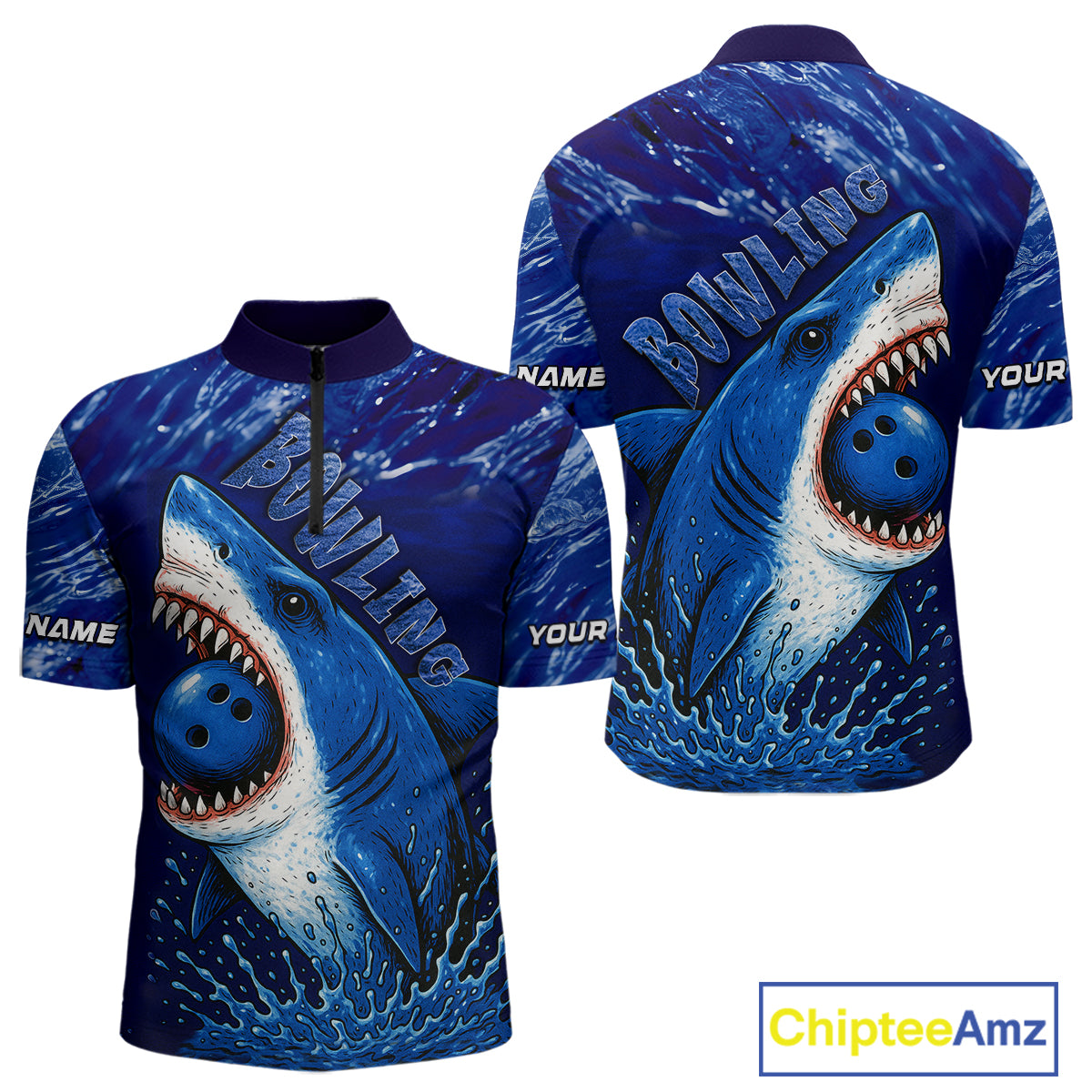 Custom Blue Shark Bowling Polo, Quarter Zip Shirts For Men, Shark Bowling League Shirts NQS10420