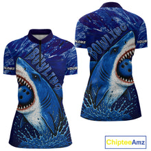 Load image into Gallery viewer, Custom Blue Shark Bowling Polo, Quarter Zip Shirts For Women, Shark Bowling League Shirts NQS10420