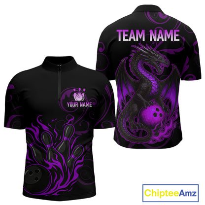 Black And Purple Flame Custom Dragon Bowling Team Shirts For Men, Bowling Uniform Outfit NQS9963