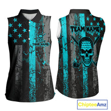 Load image into Gallery viewer, Custom Turquoise Grunge American Flag Patriotic Skull Sleeveless Golf Polo Shirt, Retro Golf top NQS10481