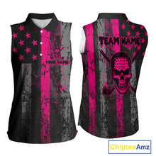 Load image into Gallery viewer, Custom Pink Grunge American Flag Patriotic Skull Sleeveless Golf Polo Shirt, Retro Golf top NQS10482
