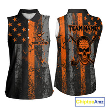 Load image into Gallery viewer, Custom Orange Grunge American Flag Patriotic Skull Halloween Sleeveless Polo Shirt, Retro Golf top NQS10483